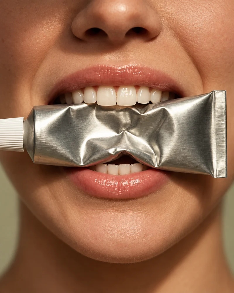 Fictional editorial smile holding an unbranded silver toothpaste tube
