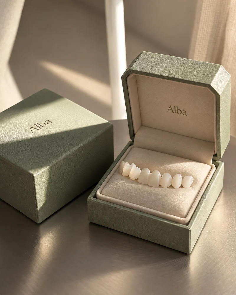 Fictional Alba sage-green presentation boxes with porcelain veneers