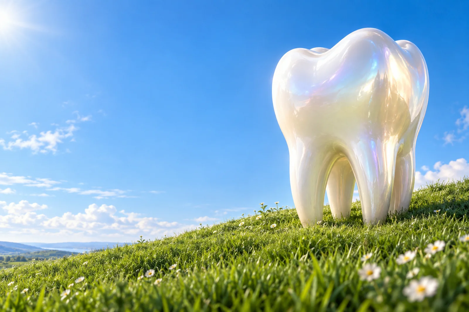 An original pearlescent tooth sculpture on a sunlit grassy hill under a blue sky