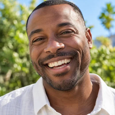Demonstration portrait of a man smiling outdoors
